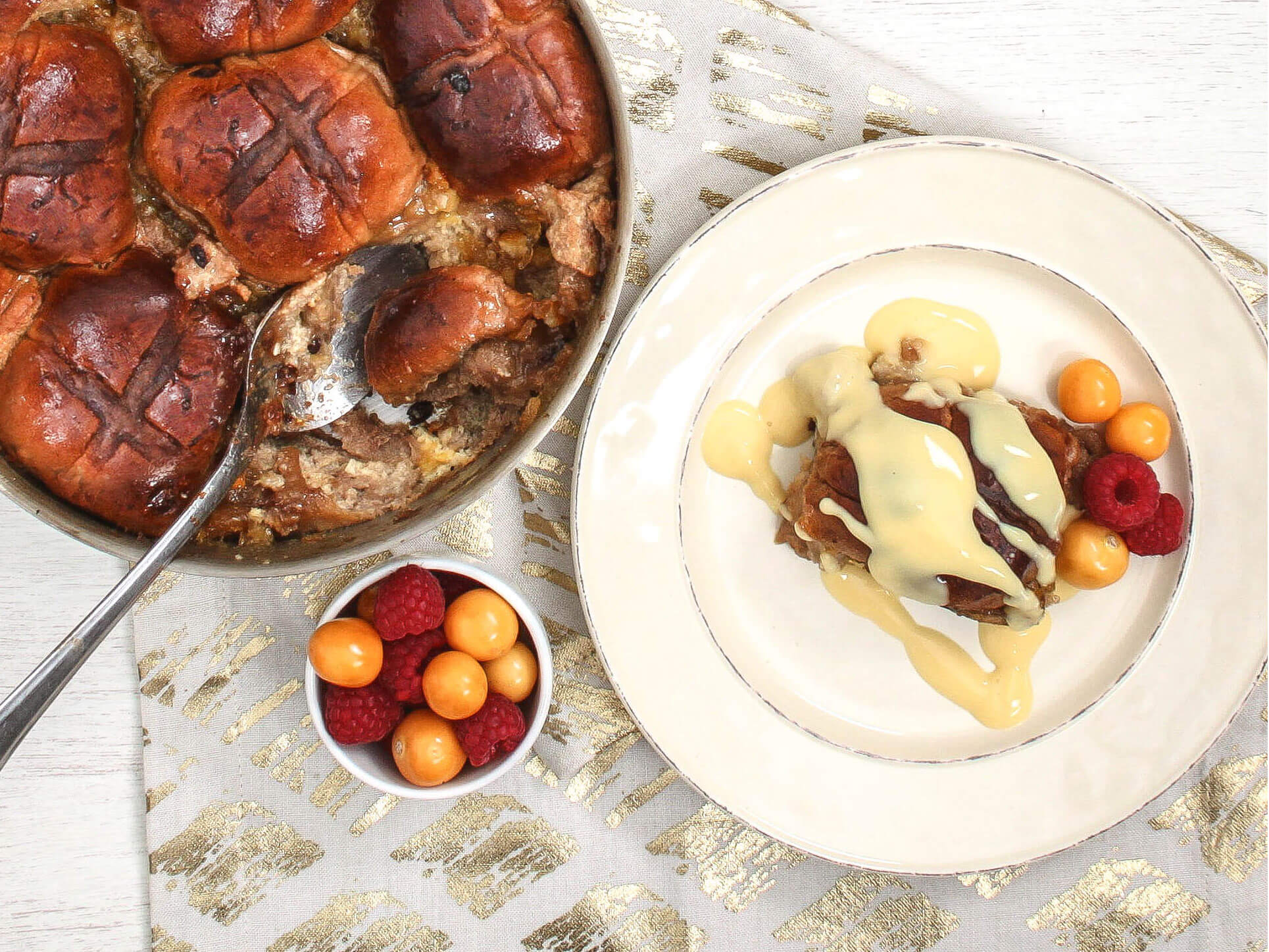 Hot cross bun bread and butter pudding in an AMC 20 cm Baking Tin